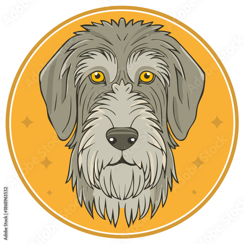 Cartoon Style Schnauzer Dog Portrait with Yellow Circle Background and Star Decorations