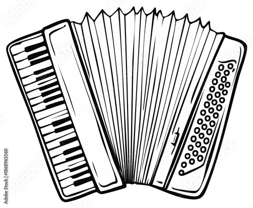 Simple Accordion Musical Instrument Outline Drawing with Keyboard and Bellows Buttons