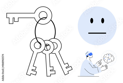 Privacy, technology, emotions, artificial intelligence, security, neuroscience. A ring of keys, a neutral face and a person using virtual reality with a brain graphic. Security and technology