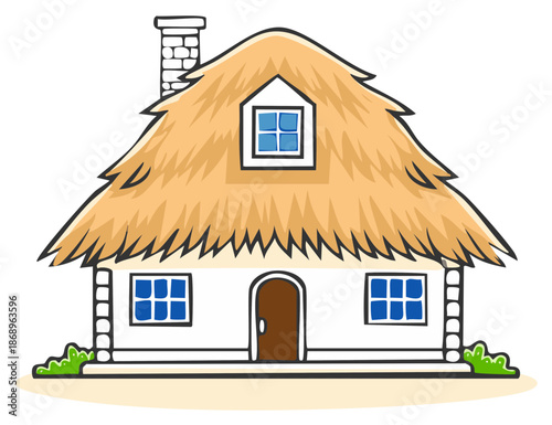 Charming rustic house with a warm thatched roof, a prominent stone chimney, and inviting blue windows