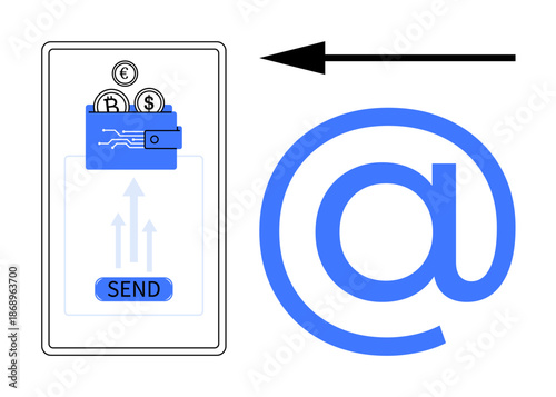 Money transfer concept. Currency transfer through a mobile device with digital wallet, arrow transaction. Money transfer for fintech, online banking, e-commerce, remittance apps, payment systems