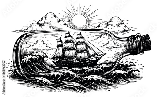 Hand drawn line art illustration of a sailing ship in a bottle depicting rough seas under a radiant sun for nautical adventure concepts