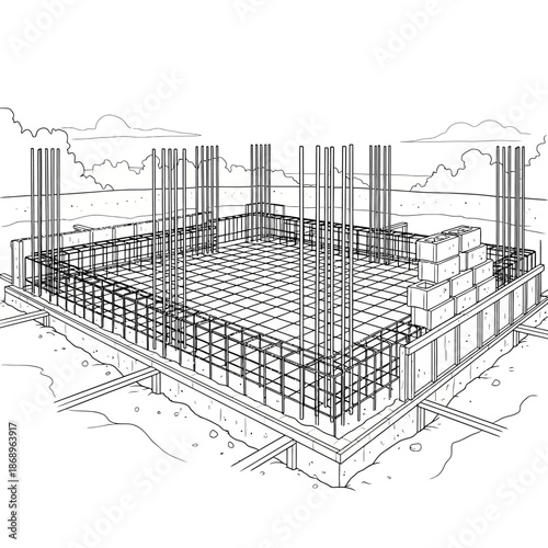 Building construction site foundation steel reinforcement architecture diagram.