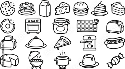 Hand drawn doodle food icon set cookie bite pancakes milk cheese burger cake slice donut oven jam jar waffle toaster