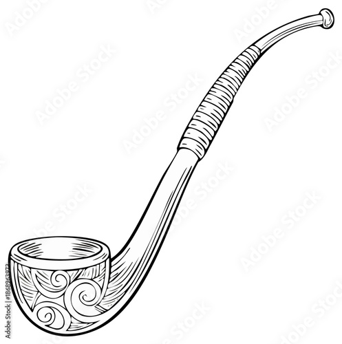 Vintage Tobacco Pipe Illustration with Ornate Carved Swirl Pattern and Textured Stem