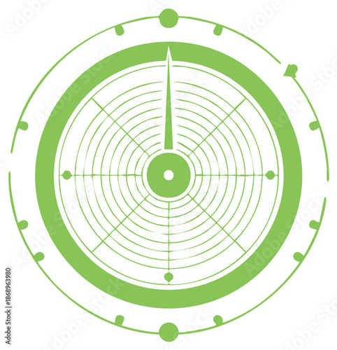 Green radar display showing a targeting signal with concentric circles and radial lines.