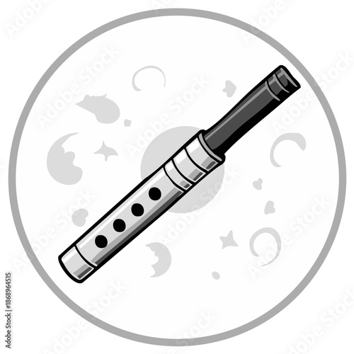 Wind instrument over round background with stars and moons Simple grey design showing flute icon for music and creativity