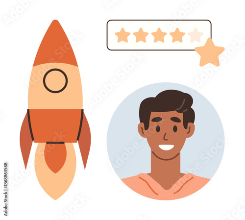 Career growth, motivation, user feedback, goal setting, achievement, personal branding. Smiling young man, rocket star rating. Career growth and motivation by the rocket and star rating