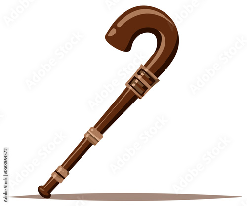 Elegant Walking Cane Illustration Brown Wood with Decorative Accents