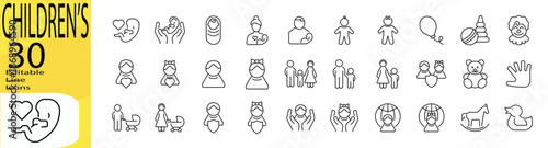 Children's icon set. Editable stroke.