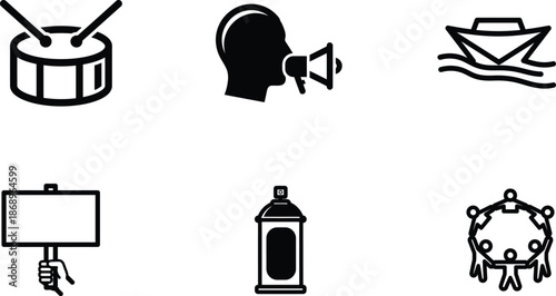 set of business communication and teamwork icons with drum speaker boat and people