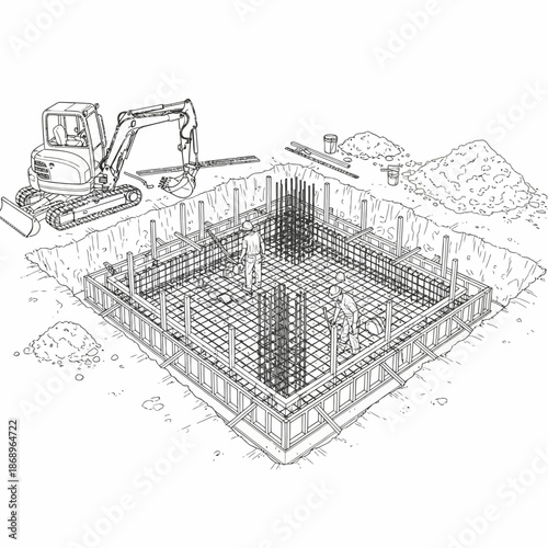 Construction Site Foundation Building with Excavator and Workers.