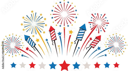 Festive Fireworks Display with Rockets and Star Embellishments for Celebrations