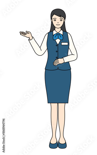 Office receptionist in blue vest and skirt gesturing for guidance