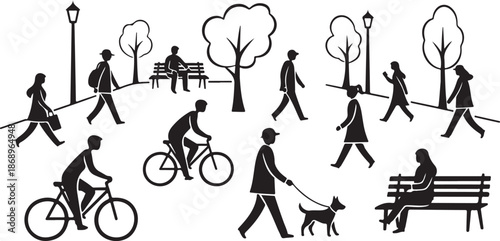 People walking and cycling in a park setting