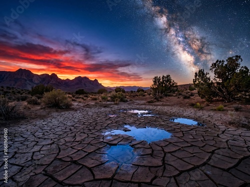 Cracked desert earth with puddles reflecting a dramatic sunset over mountains and the brilliant Milky Way night sky