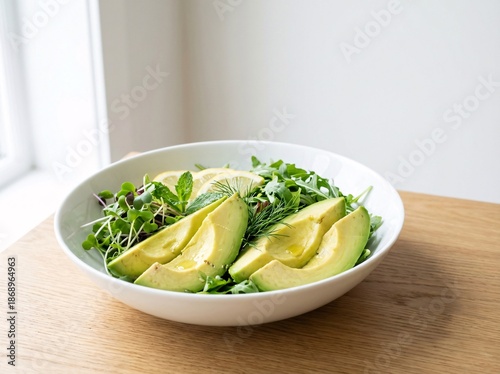 Fresh avocado salad with arugula microgreens lemon slices and herbs in a white bowl on a light wooden table