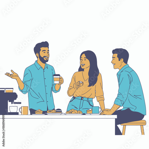 A clean flat 2D illustration captures three colleagues laughing and sharing ideas informally during a coffee break, emphasizing vibrant teamwork and positive corporate culture