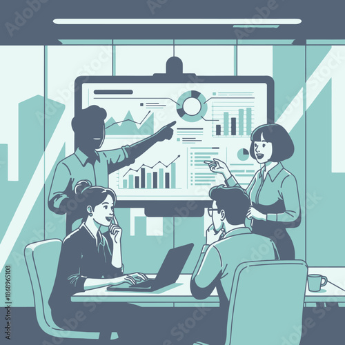 A vibrant 2D flat graphic illustration depicts four colleagues brainstorming project planning and collaboration in a modern glass conference room, utilizing a massive touch screen display showing data