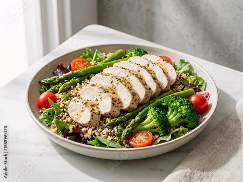 A wholesome bowl of sliced grilled chicken breast with quinoa fresh green asparagus vibrant broccoli florets and red