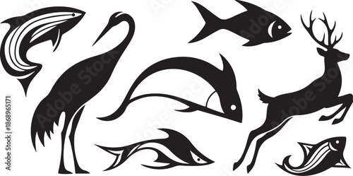 Black silhouettes of animals on white background illustration