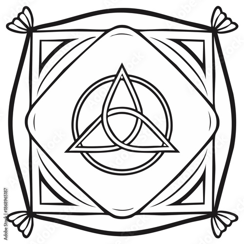 Interlaced Triquetra Symbol Within a Square and Circle Celtic Knot Border