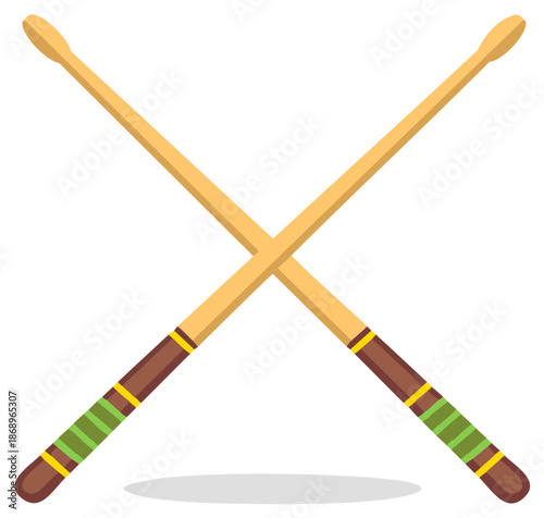 Crossed drumsticks icon musical equipment simple illustration, wood color rhythmic percussion instrument, rhythm playing with wooden beaters on white background