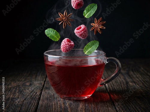 Steaming red tea in a glass cup with falling fresh raspberries green mint leaves and star anise on a dark wooden table