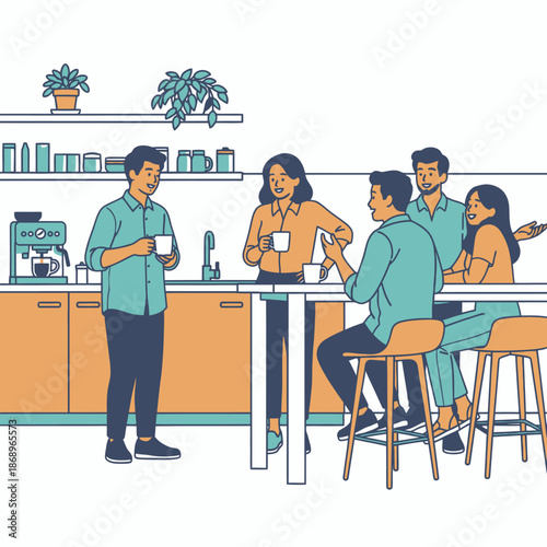 Flat 2D graphic illustration showing four smiling colleagues having a casual conversation and coffee break in a brightly lit office kitchenette, symbolizing positive team building