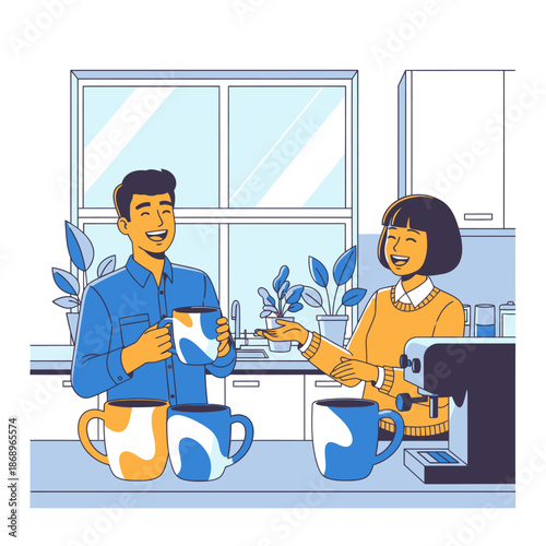 Flat 2D graphic illustration showing two happy young professionals chatting and preparing coffee together in a stylish, naturally lit modern office kitchenette