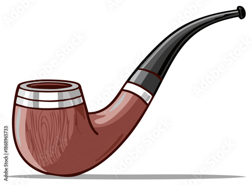 Classic wooden smoking pipe illustration with curved stem and metallic bands, vintage style