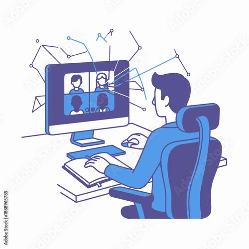 Global remote work connectivity is shown in this vibrant 2D flat graphic illustration of a male employee engaged in a motion conference call at an ergonomic workstation