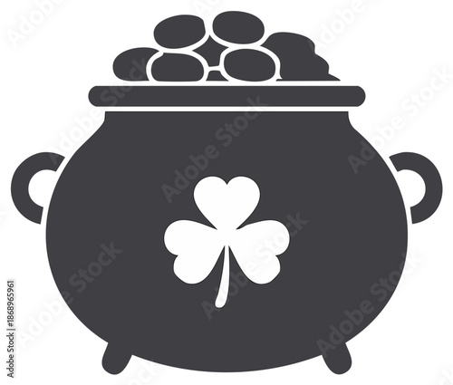 Pot of gold with shamrock symbol and coins overflowing, St Patricks Day symbol