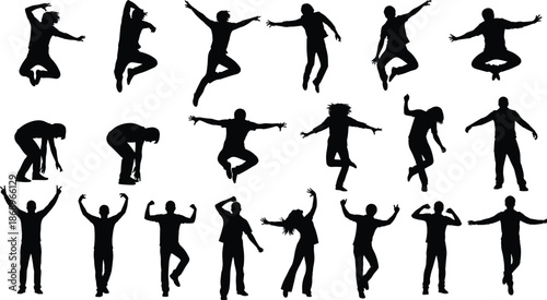 Jumping people silhouettes vector illustration set, energetic dance and celebration poses collection, active human movement expressions, black shadow figures isolated on white background