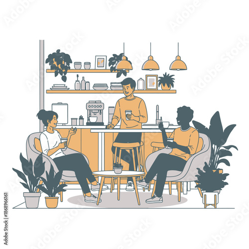 Three young professional employees share a relaxed coffee conversation in a stylish office lounge, captured in a clean 2D flat graphic illustration promoting positive teamwork and friendship