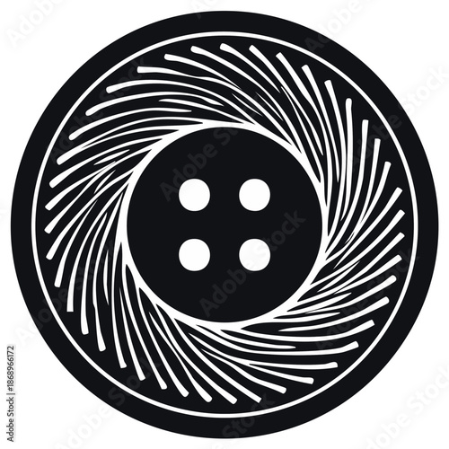 Elegant Black and White Button with Decorative Spokes and Four Holes Detail for Sewing and Craft Projects