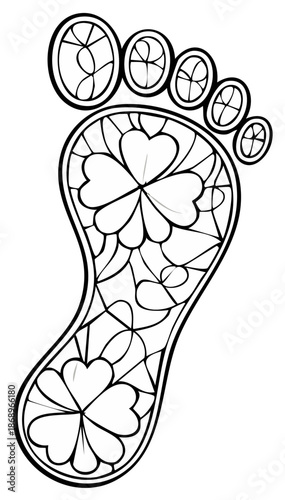 Black and white abstract human foot outline filled with lucky four leaf clovers