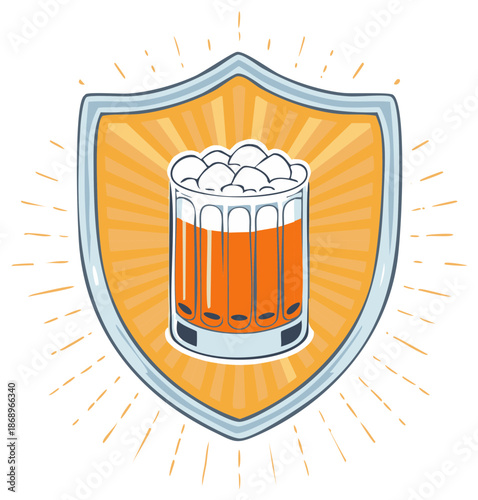 Illustrated shield emblem with a glass of amber beer and frothy head radiating warmth