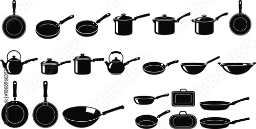 Kitchen cookware silhouettes vector set, frying pan, saucepan, pot and kettle collection, modern cooking utensils illustration isolated on white