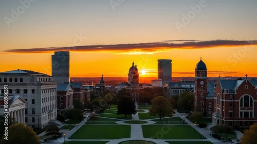 Golden Sunrise Over Historic University Campus Quad with Modern Skyscrapers