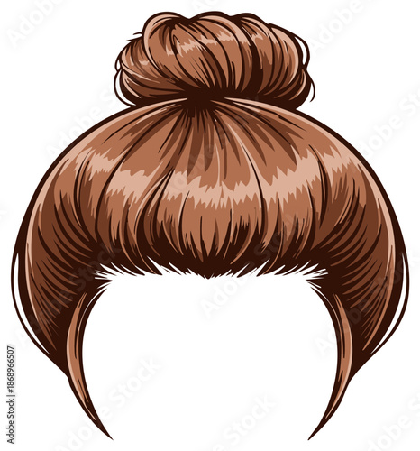 Stylized illustration of a woman's brown messy bun hairstyle with bangs
