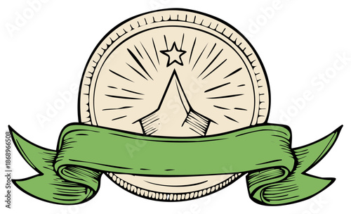 Hand drawn vintage emblem with shining star and mountain peak over blank green ribbon banner