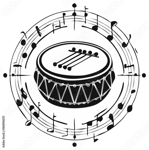Ethnic drum with music notes, vector illustration. Traditional African instrument around a circle of melody and rhythm