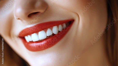 Close-up of a smiling face, bright red lipstick, and perfectly white teeth. Blonde hair peeks in