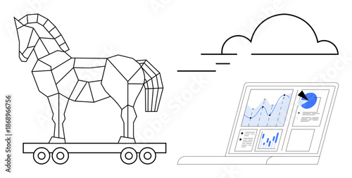 Cybersecurity, hacking, online threats, data protection, malware, data analysis visualization. A Trojan horse next to a laptop displaying analytics and cloud computing. Cybersecurity and hacking