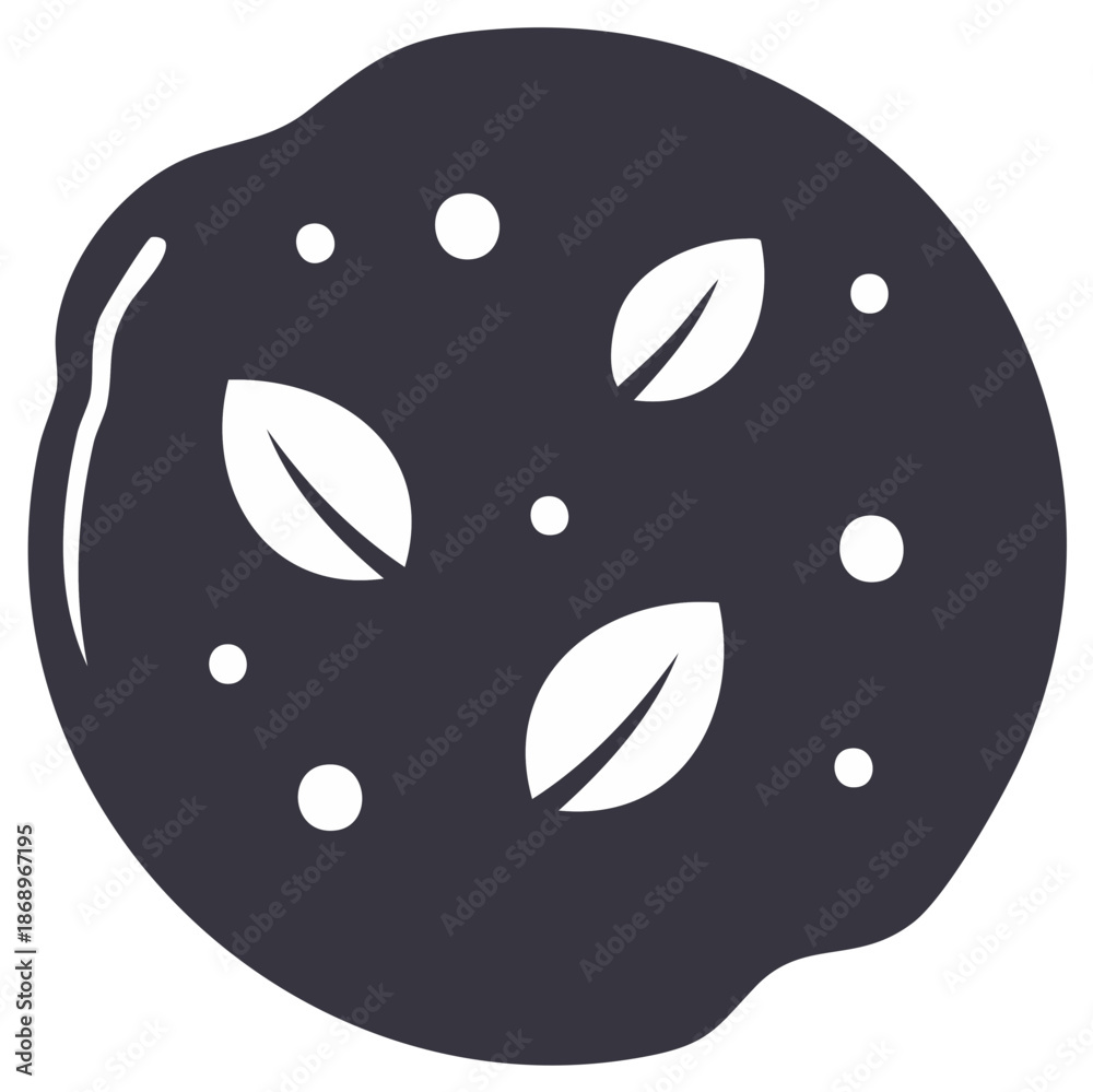 Fototapeta premium Stylized illustration of a dark circular shape with leaves and dots.