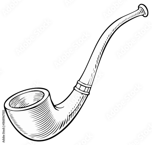 Classic long stem tobacco pipe in a black and white hand drawn engraved style