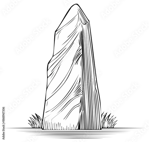 Monolith Standing Stone Marker with Grass Sketch Illustration Line Art