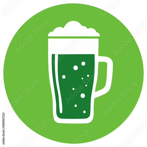Green beer in a mug. St Patrick's Day symbol. Green circular background.