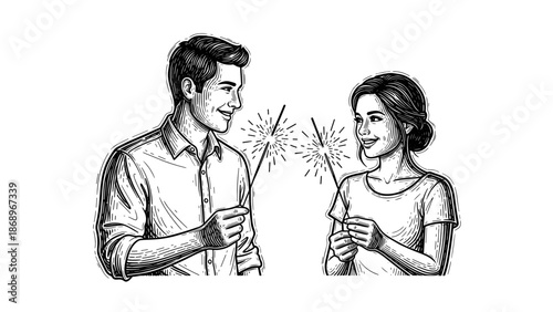 Couple holding sparklers celebration scene for romantic advertising